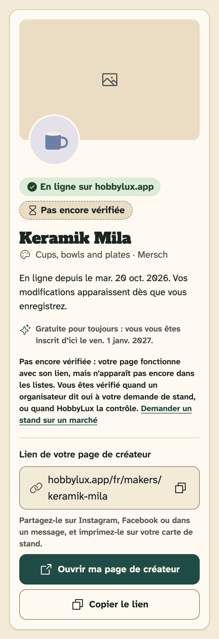 Capture d’écran de HobbyLux pour les créateurs sur un téléphone : La vue d’ensemble d’une page en ligne pas encore vérifiée.