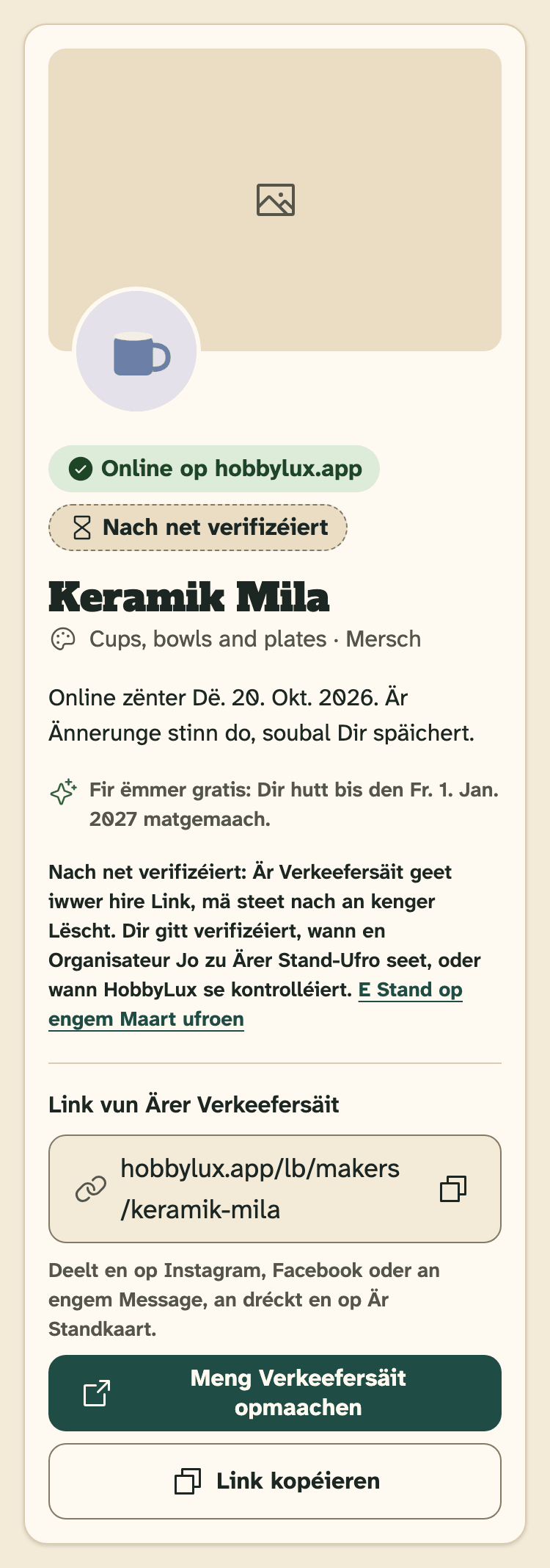 Screenshot vun HobbyLux fir Verkeefer op engem Handy: D’Iwwersiicht vun enger Verkeefersäit, déi online ass, mä nach net verifizéiert.
