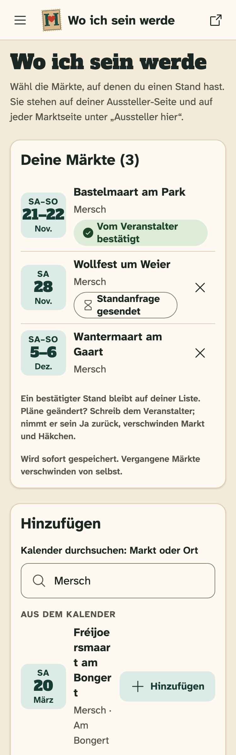 Screenshot von HobbyLux für Aussteller auf einem Handy: Wo ich sein werde: deine Märkte und die Suche, um einen hinzuzufügen.