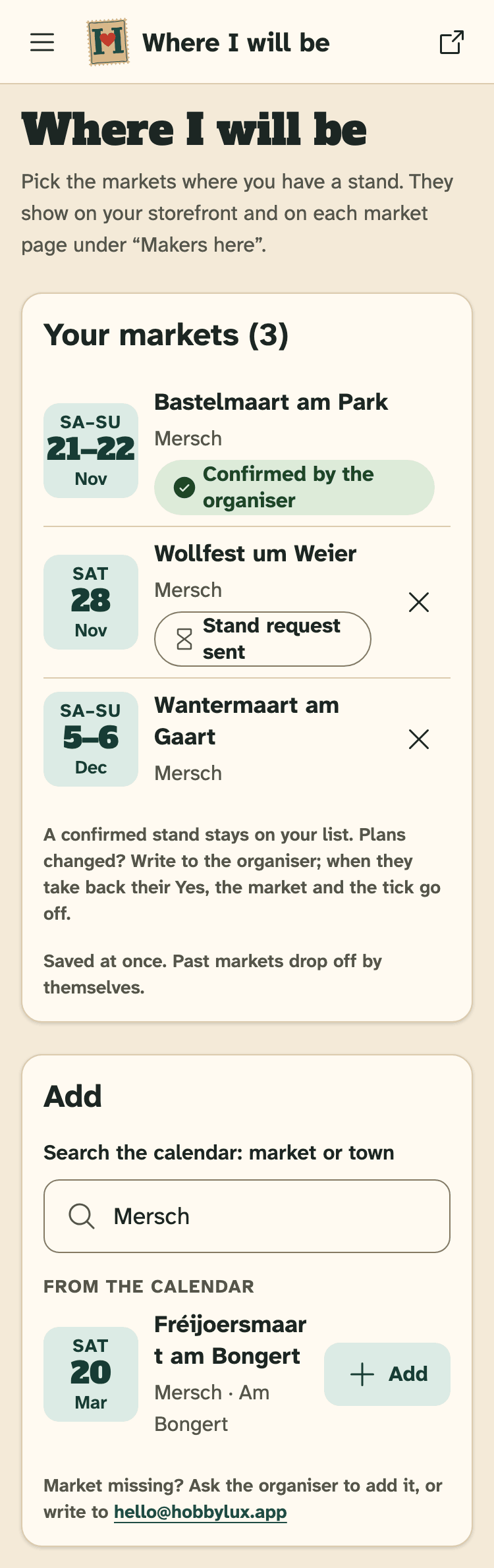 Screenshot of HobbyLux for makers on a phone: Where I will be: your markets, and the search to add one.