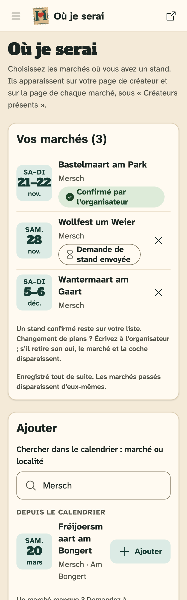 Capture d’écran de HobbyLux pour les créateurs sur un téléphone : Où je serai : vos marchés, et la recherche pour en ajouter un.