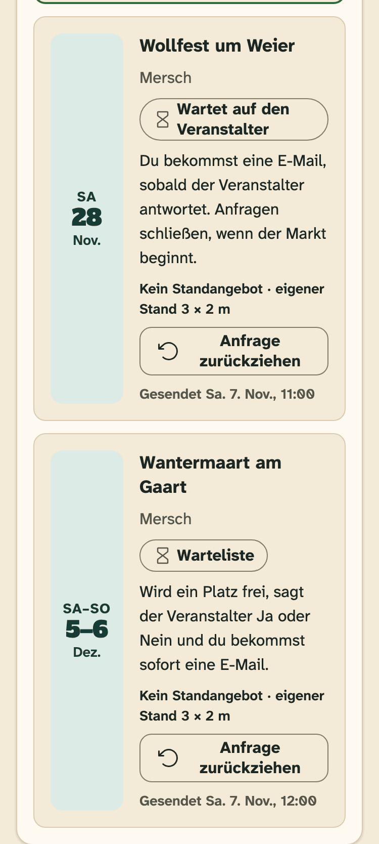 Screenshot von HobbyLux für Aussteller auf einem Handy: Standanfragen: deine offenen und beantworteten Anfragen.