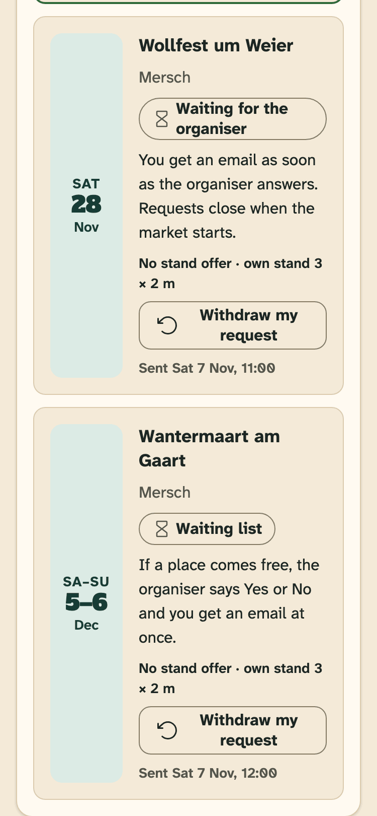 Screenshot of HobbyLux for makers on a phone: Stand requests: your open and answered requests.