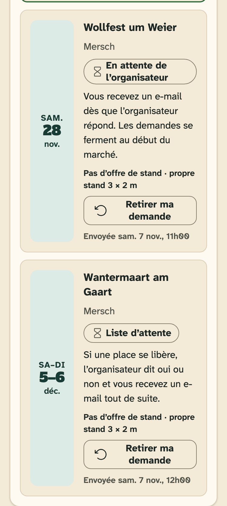 Capture d’écran de HobbyLux pour les créateurs sur un téléphone : Demandes de stand : vos demandes en cours et avec réponse.