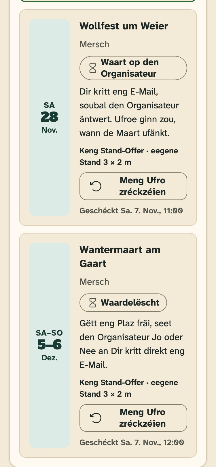 Screenshot vun HobbyLux fir Verkeefer op engem Handy: Stand-Ufroen: Är oppen a beäntwert Ufroen.