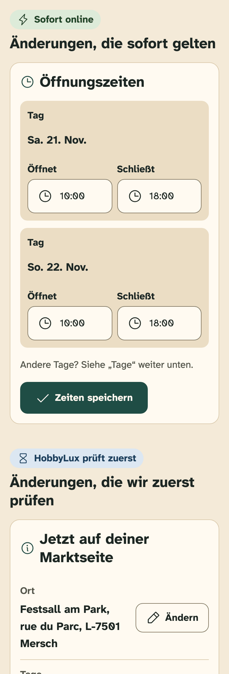 Screenshot des Veranstalter-Portals auf einem Handy: „Angaben zum Markt“ auf einer Marktseite, mit beiden Gruppen.