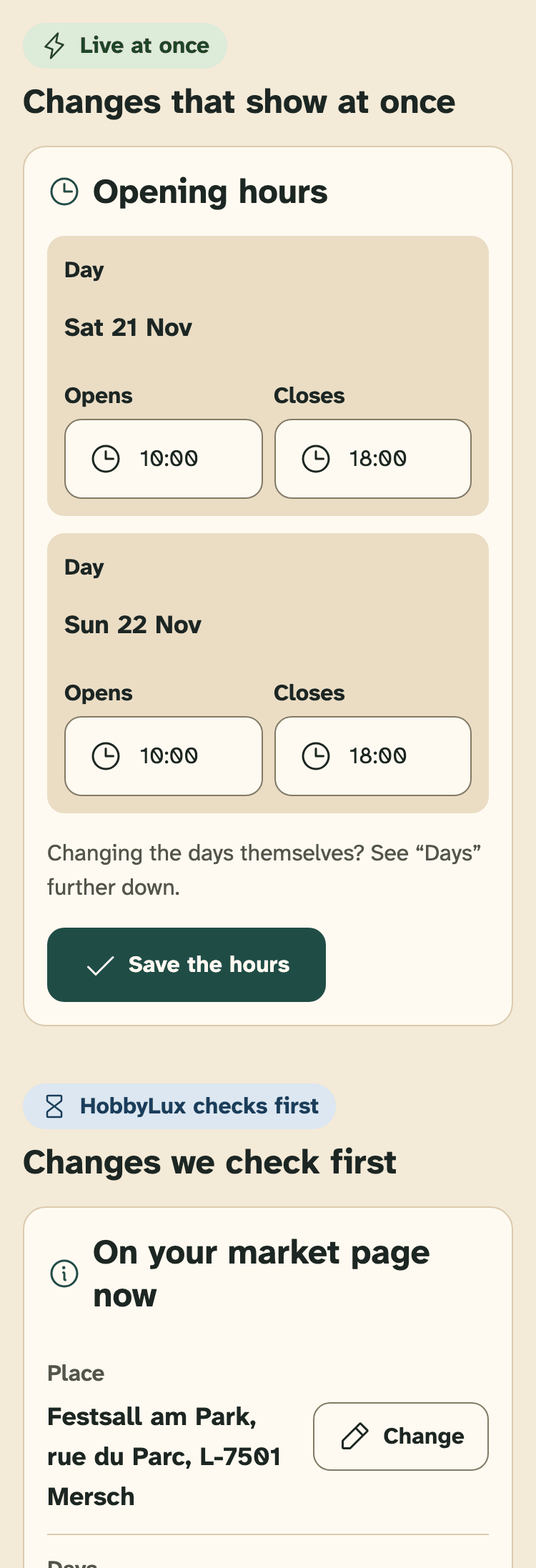 Screenshot of the organiser portal on a phone: “Market details” on a market page, with both groups.