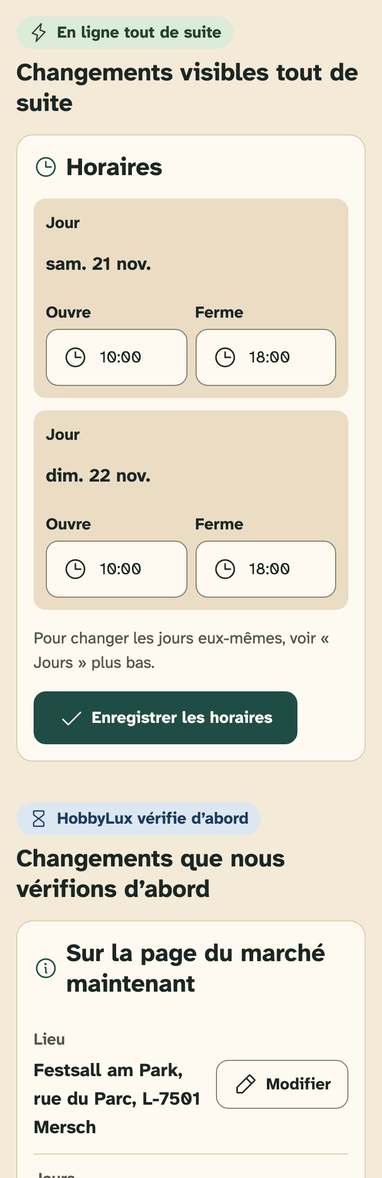Capture d’écran de l’espace organisateurs sur un téléphone : « Infos du marché » sur la page d’un marché, avec les deux groupes.
