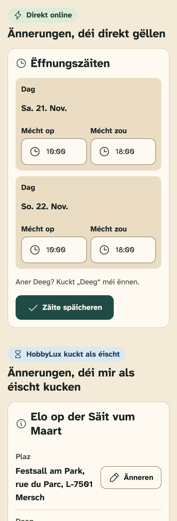 Screenshot vum Organisateuren-Portal op engem Handy: „Infoen zum Maart“ op der Säit vun engem Maart, mat deenen zwou Gruppen.