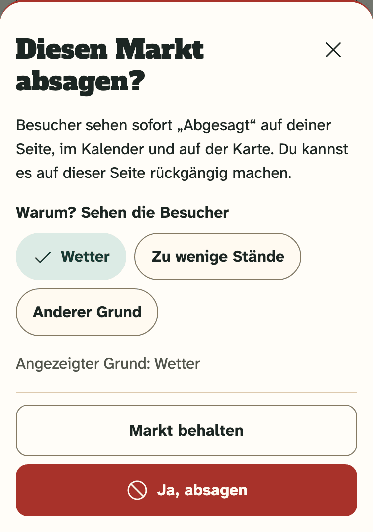 Screenshot des Veranstalter-Portals auf einem Handy: Die Frage „Diesen Markt absagen?“ mit gewähltem Grund.