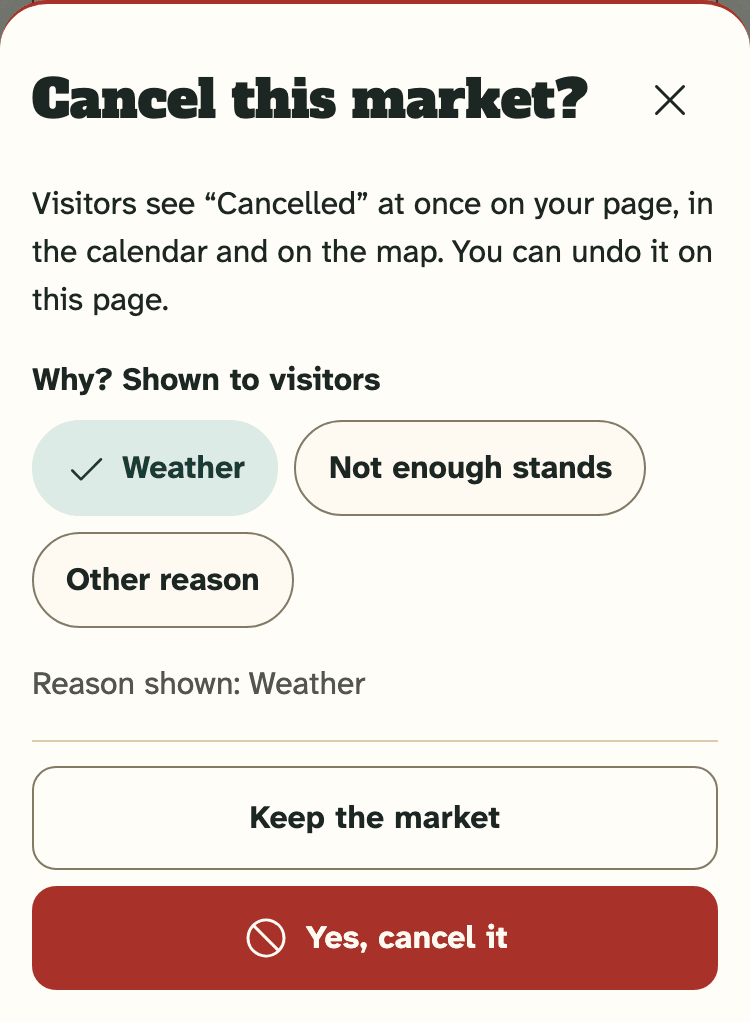 Screenshot of the organiser portal on a phone: The question “Cancel this market?” with a reason picked.