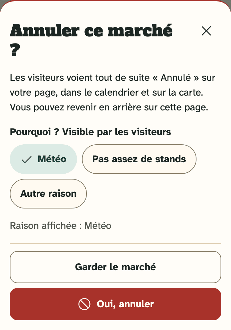Capture d’écran de l’espace organisateurs sur un téléphone : La question « Annuler ce marché ? » avec une raison choisie.