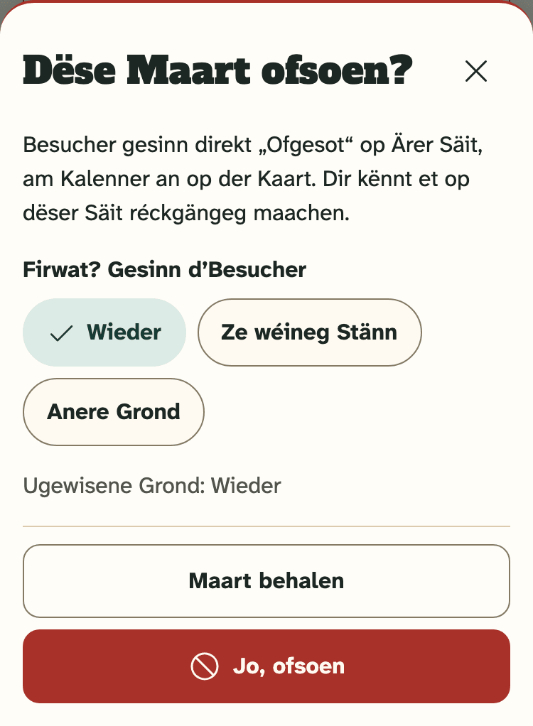 Screenshot vum Organisateuren-Portal op engem Handy: D’Fro „Dëse Maart ofsoen?“ mat engem gewielte Grond.