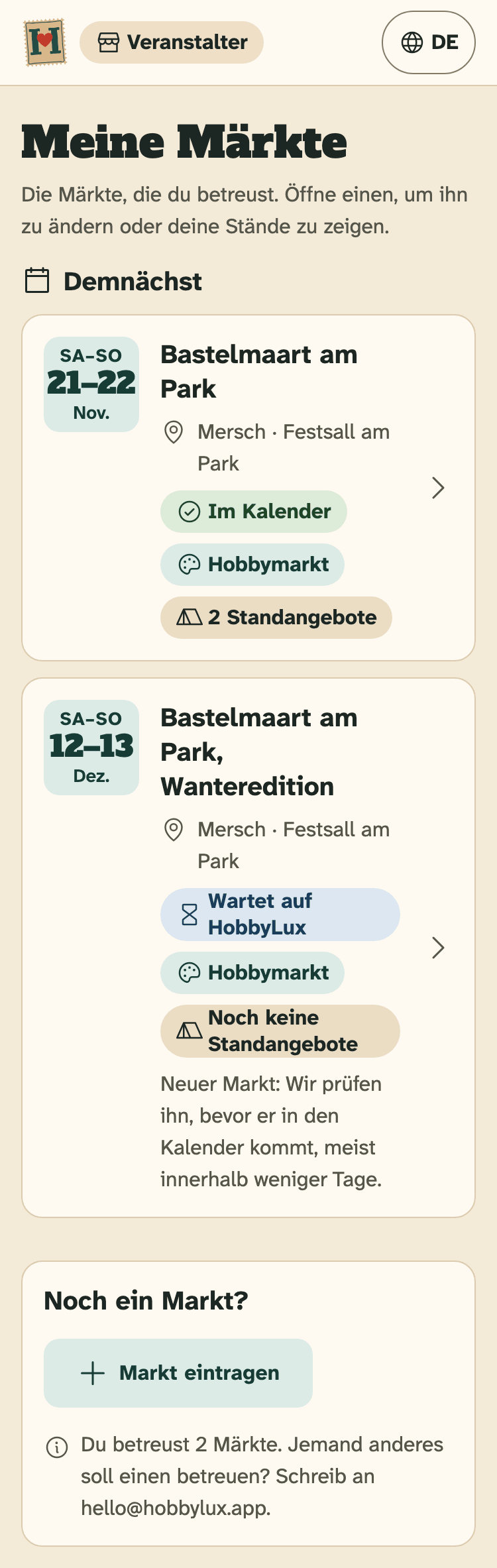 Screenshot des Veranstalter-Portals auf einem Handy: Meine Märkte mit zwei Märkten, die demnächst stattfinden.