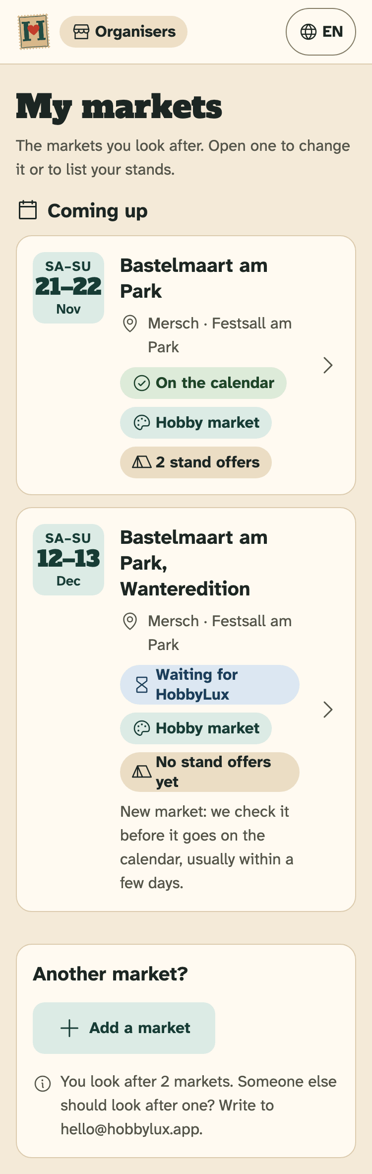 Screenshot of the organiser portal on a phone: My markets with two markets coming up.