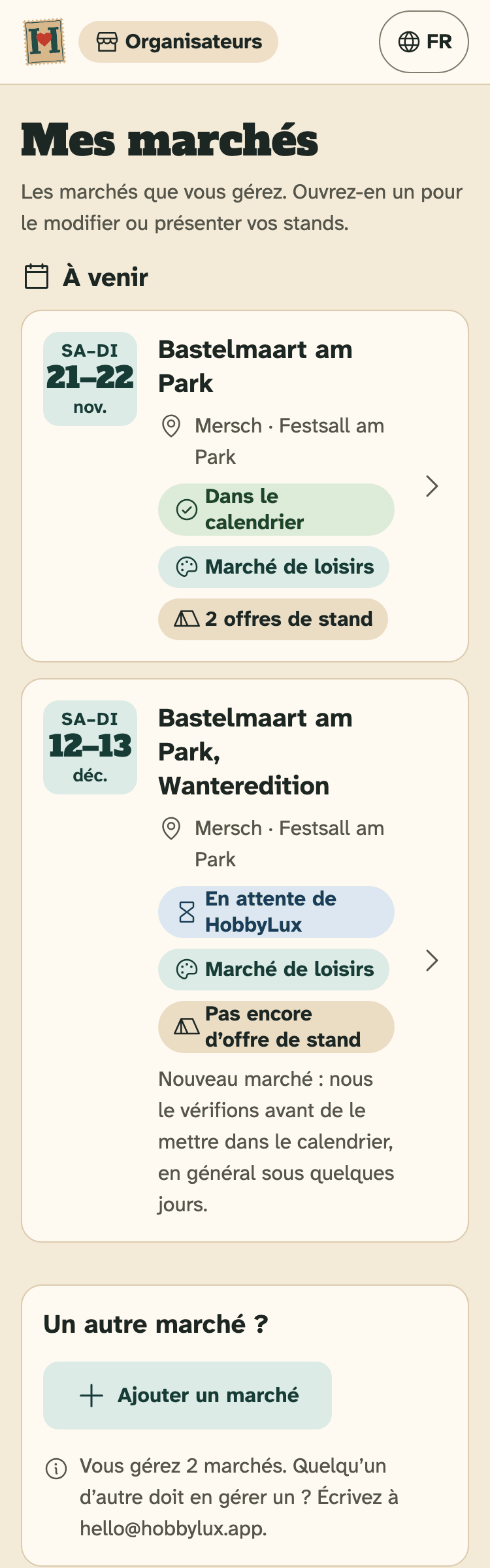 Capture d’écran de l’espace organisateurs sur un téléphone : Mes marchés avec deux marchés à venir.