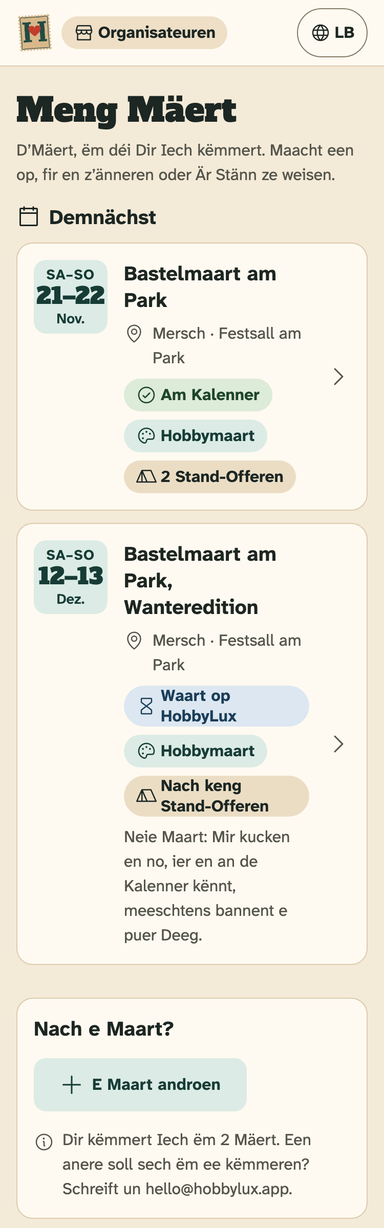 Screenshot vum Organisateuren-Portal op engem Handy: Meng Mäert mat zwee Mäert, déi demnächst sinn.