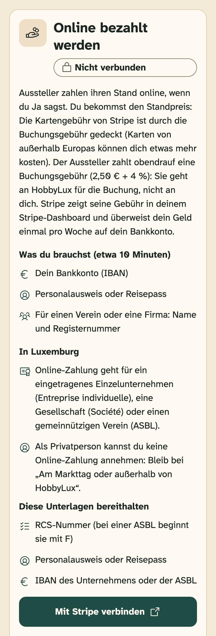 Screenshot des Veranstalter-Portals auf einem Handy: Die Karte „Online bezahlt werden“ unter Konto, bevor du verbindest.