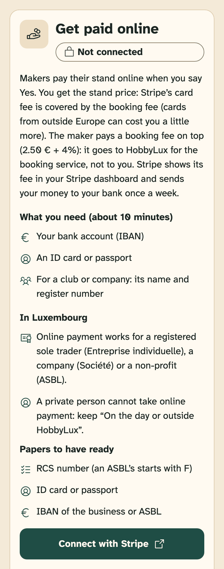 Screenshot of the organiser portal on a phone: The card “Get paid online” in Account, before you connect.