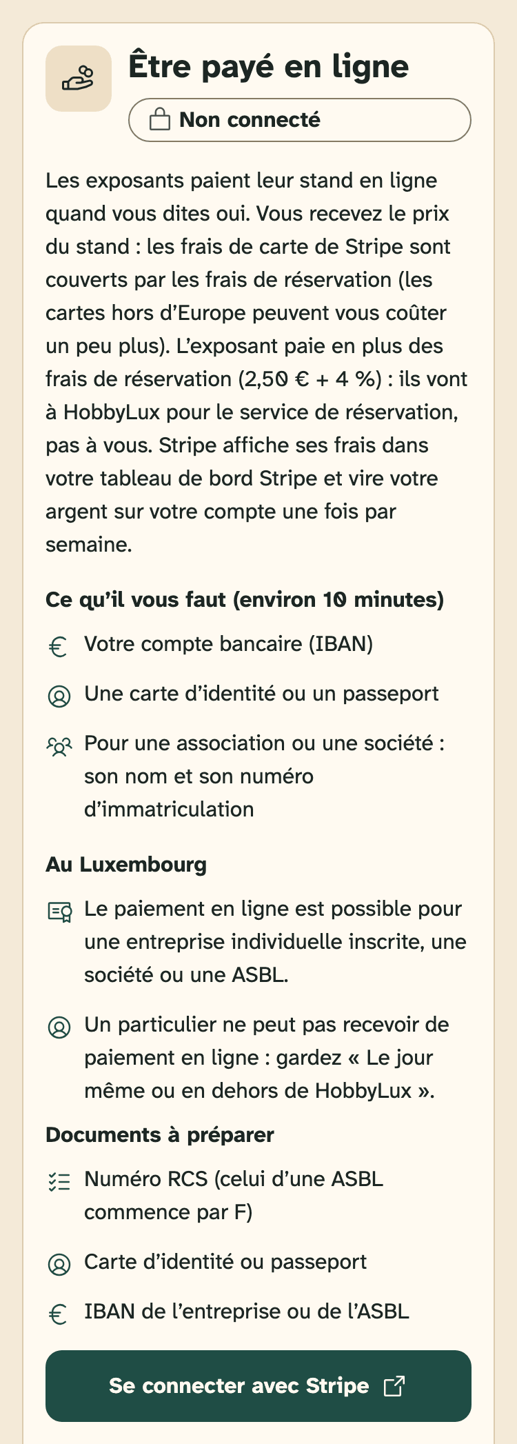 Capture d’écran de l’espace organisateurs sur un téléphone : La carte « Être payé en ligne » dans Compte, avant la connexion.