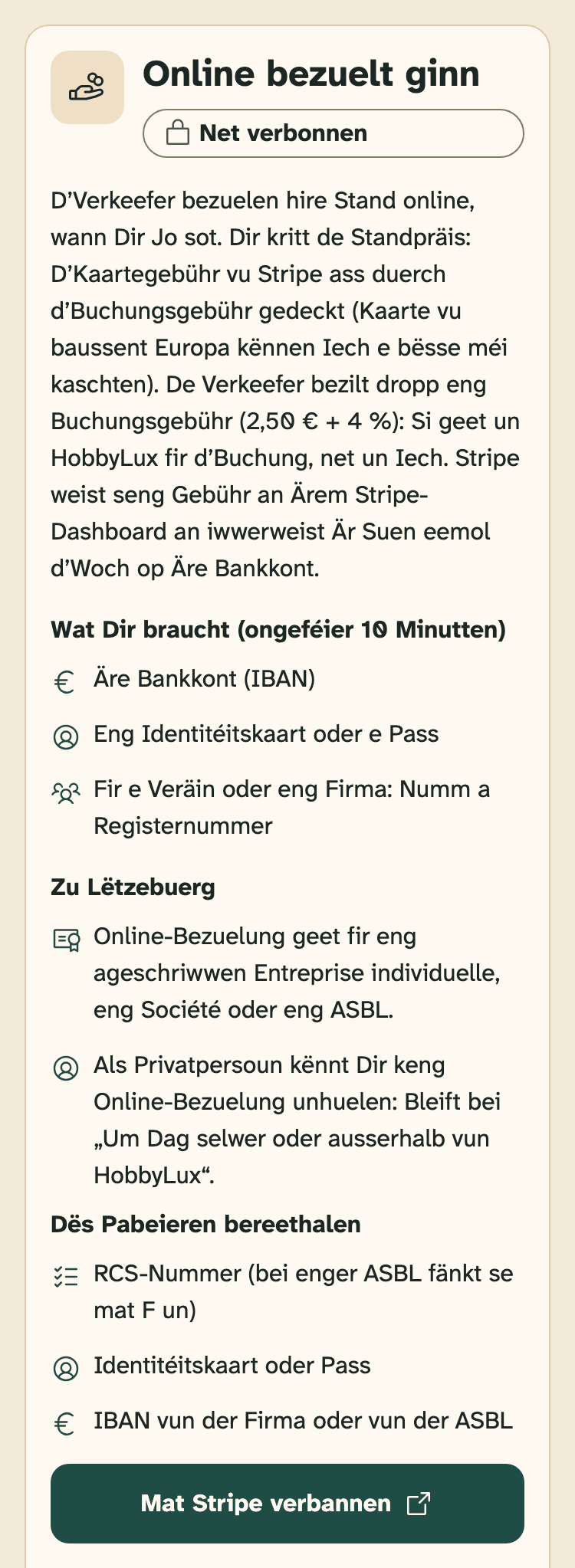 Screenshot vum Organisateuren-Portal op engem Handy: D’Kaart „Online bezuelt ginn“ ënner Kont, ier Dir Iech verbannt.
