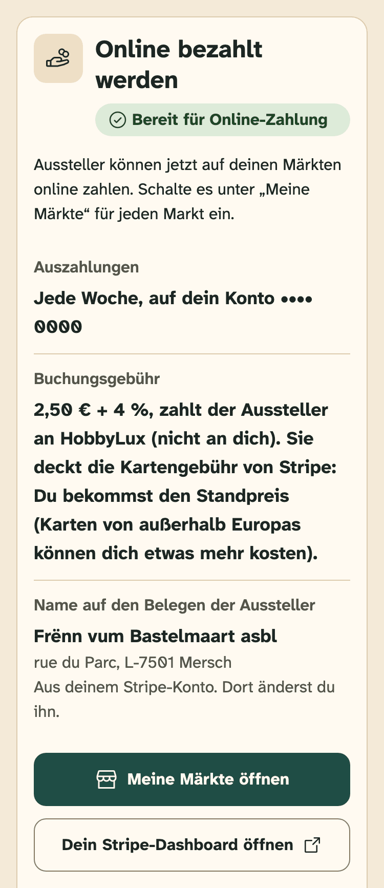 Screenshot des Veranstalter-Portals auf einem Handy: Die Karte „Online bezahlt werden“, wenn dein Konto bereit ist.