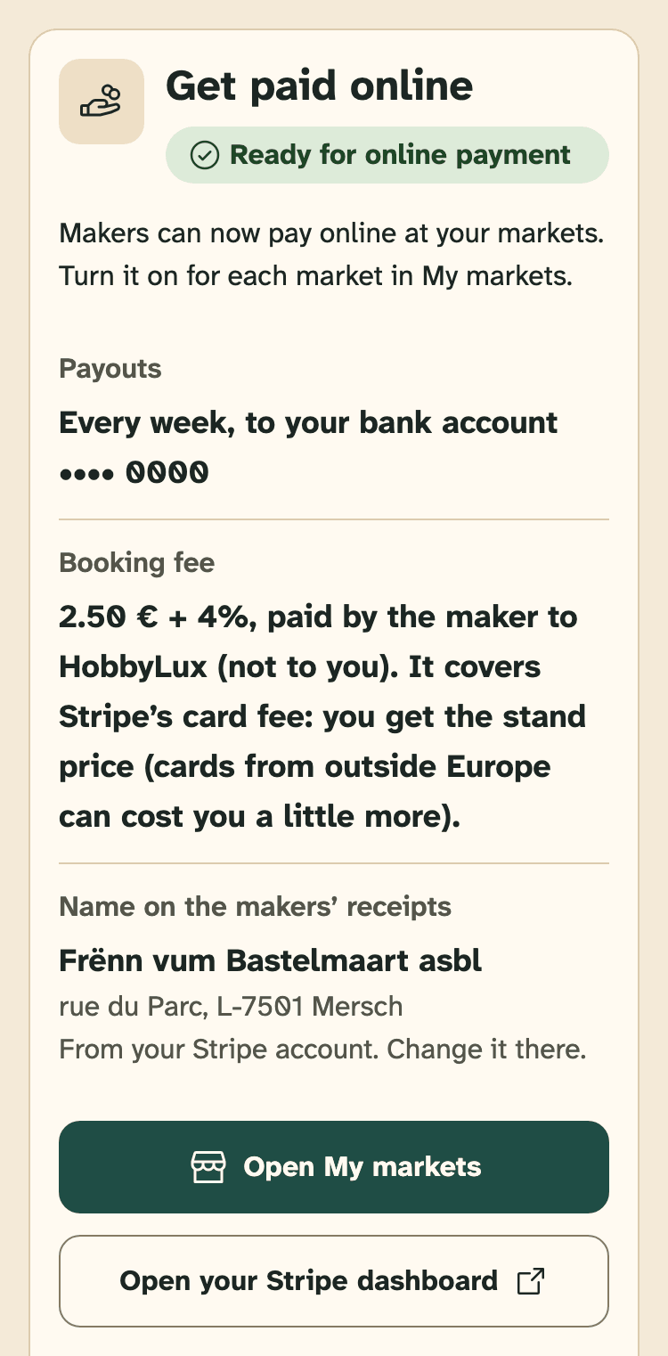 Screenshot of the organiser portal on a phone: The card “Get paid online” when your account is ready.