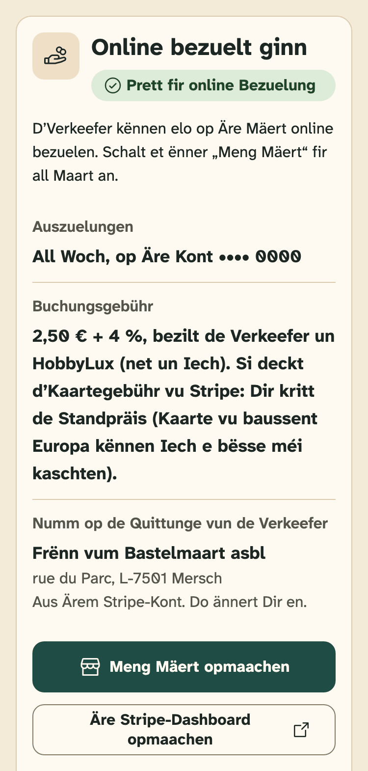 Screenshot vum Organisateuren-Portal op engem Handy: D’Kaart „Online bezuelt ginn“, wann Äre Kont prett ass.