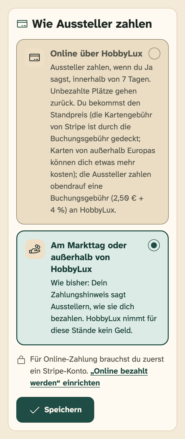 Screenshot des Veranstalter-Portals auf einem Handy: Die Karte „Wie Aussteller zahlen“ auf einer Marktseite.