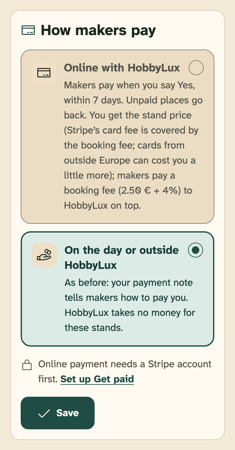 Screenshot of the organiser portal on a phone: The card “How makers pay” on a market page.