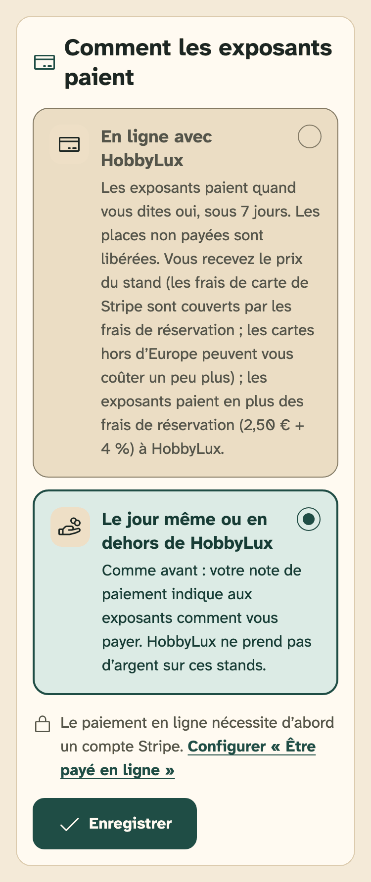 Capture d’écran de l’espace organisateurs sur un téléphone : La carte « Comment les exposants paient » sur la page d’un marché.
