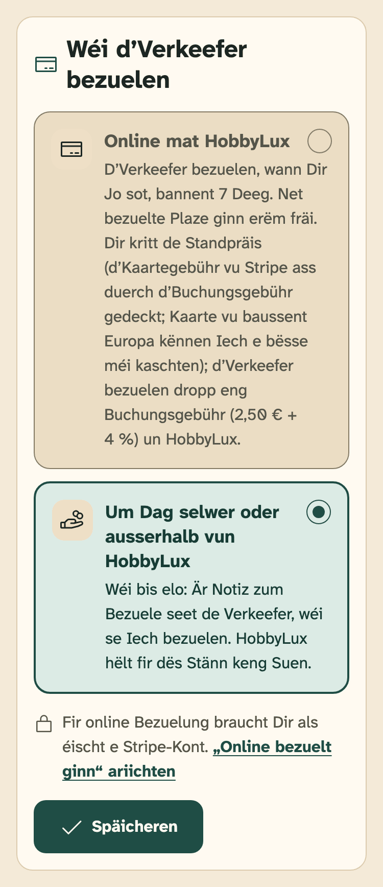 Screenshot vum Organisateuren-Portal op engem Handy: D’Kaart „Wéi d’Verkeefer bezuelen“ op der Säit vun engem Maart.