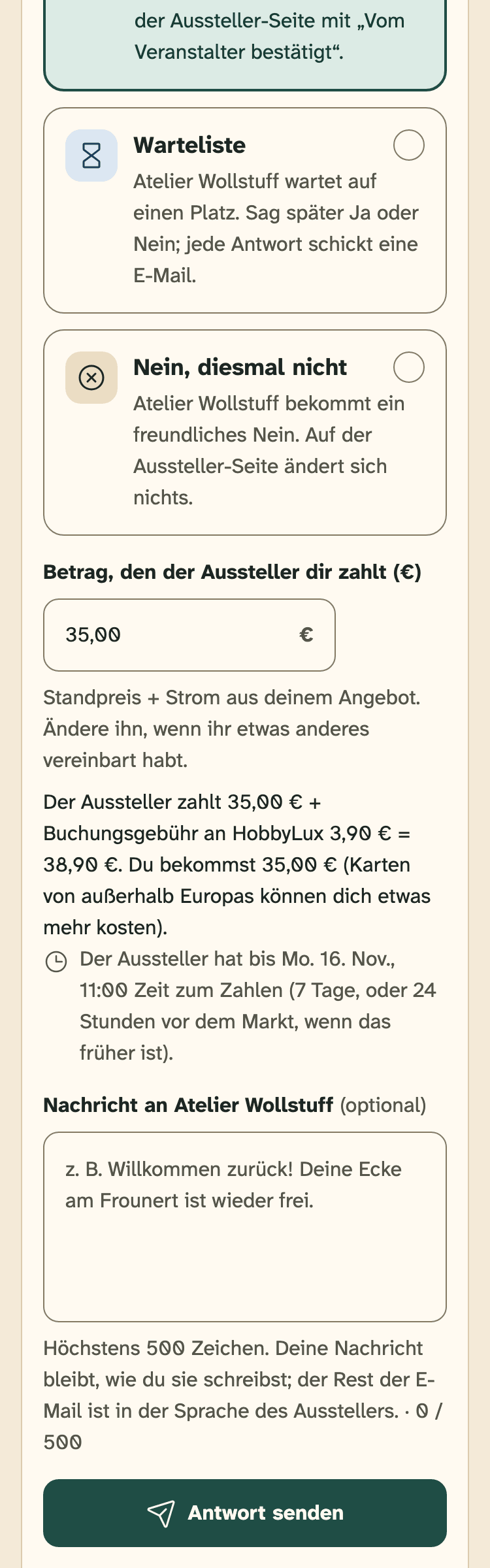 Screenshot des Veranstalter-Portals auf einem Handy: Ein Ja auf einem Markt mit Online-Zahlung, mit dem Betrag, den der Aussteller zahlt.