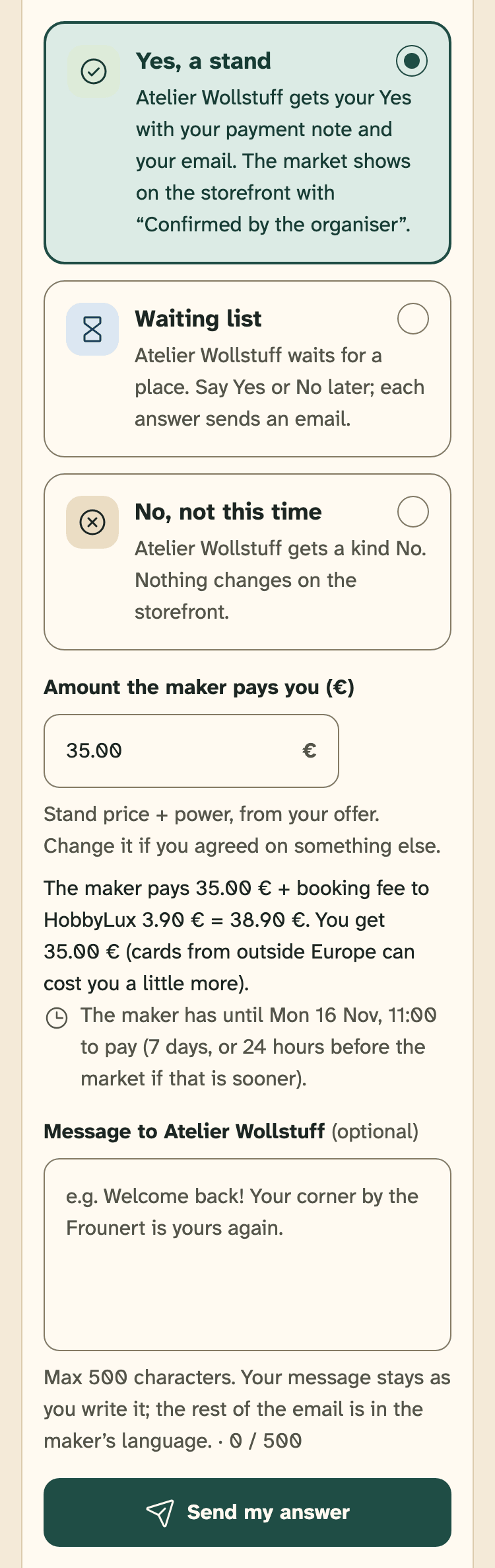 Screenshot of the organiser portal on a phone: A Yes on a market with online payment, with the amount the maker pays.