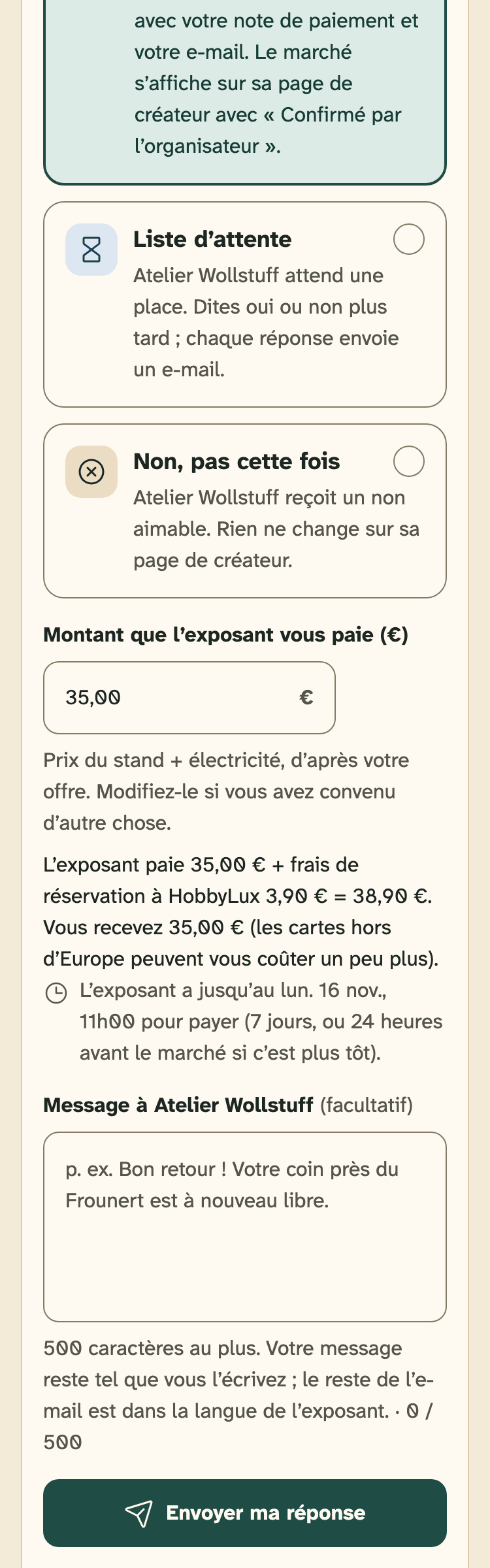 Capture d’écran de l’espace organisateurs sur un téléphone : Un oui sur un marché avec paiement en ligne, avec le montant que l’exposant paie.