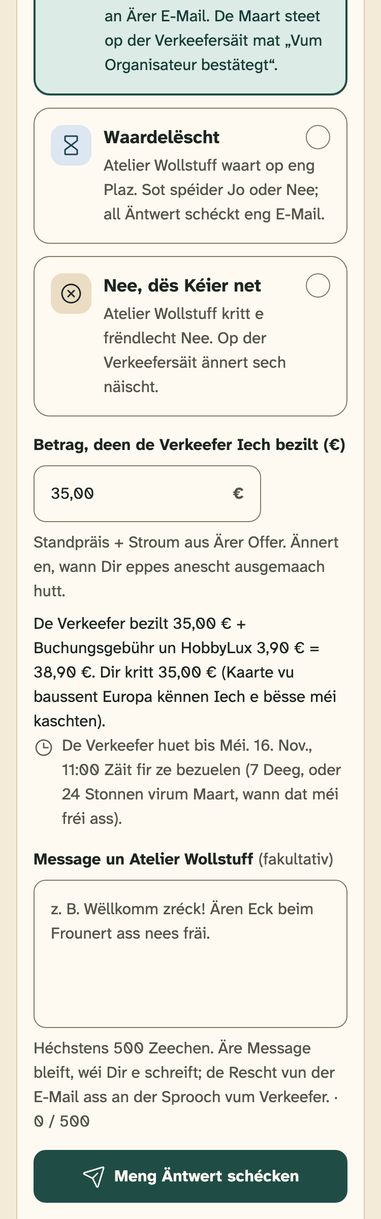 Screenshot vum Organisateuren-Portal op engem Handy: E Jo op engem Maart mat Online-Bezuelung, mam Betrag, deen de Verkeefer bezilt.