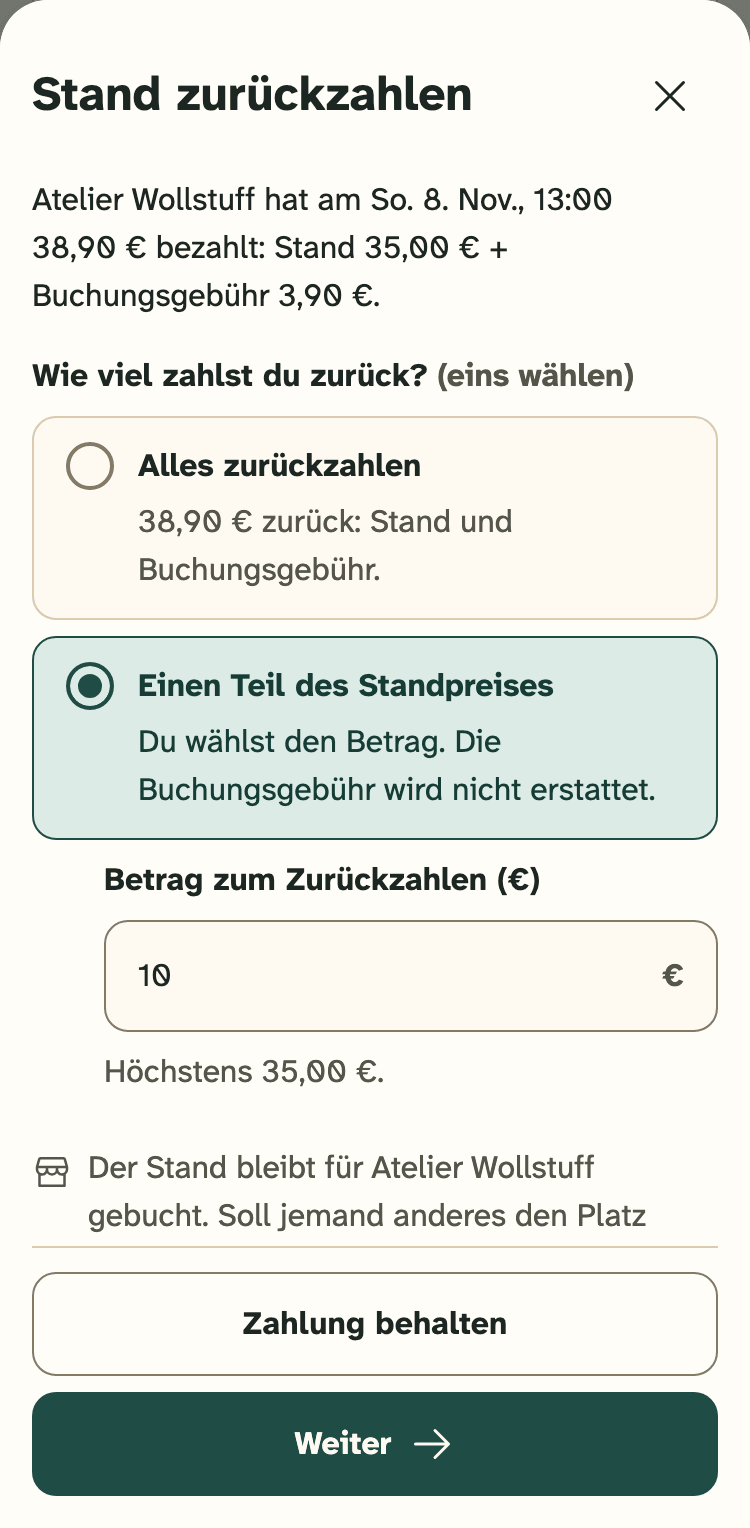 Screenshot des Veranstalter-Portals auf einem Handy: Das Fenster „Stand zurückzahlen“, in dem du wählst, wie viel du zurückzahlst.