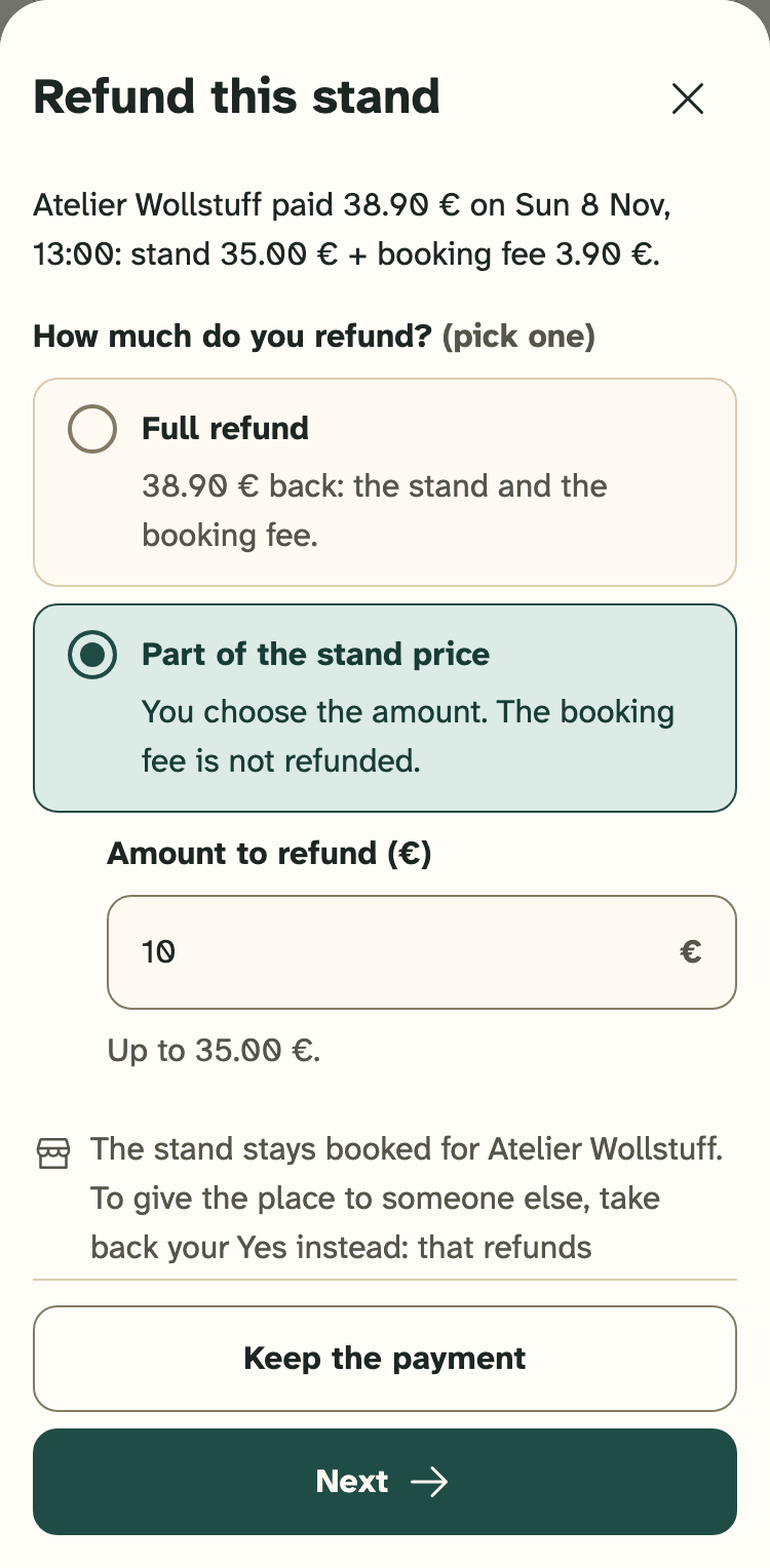 Screenshot of the organiser portal on a phone: The dialog “Refund this stand”, where you pick how much to refund.