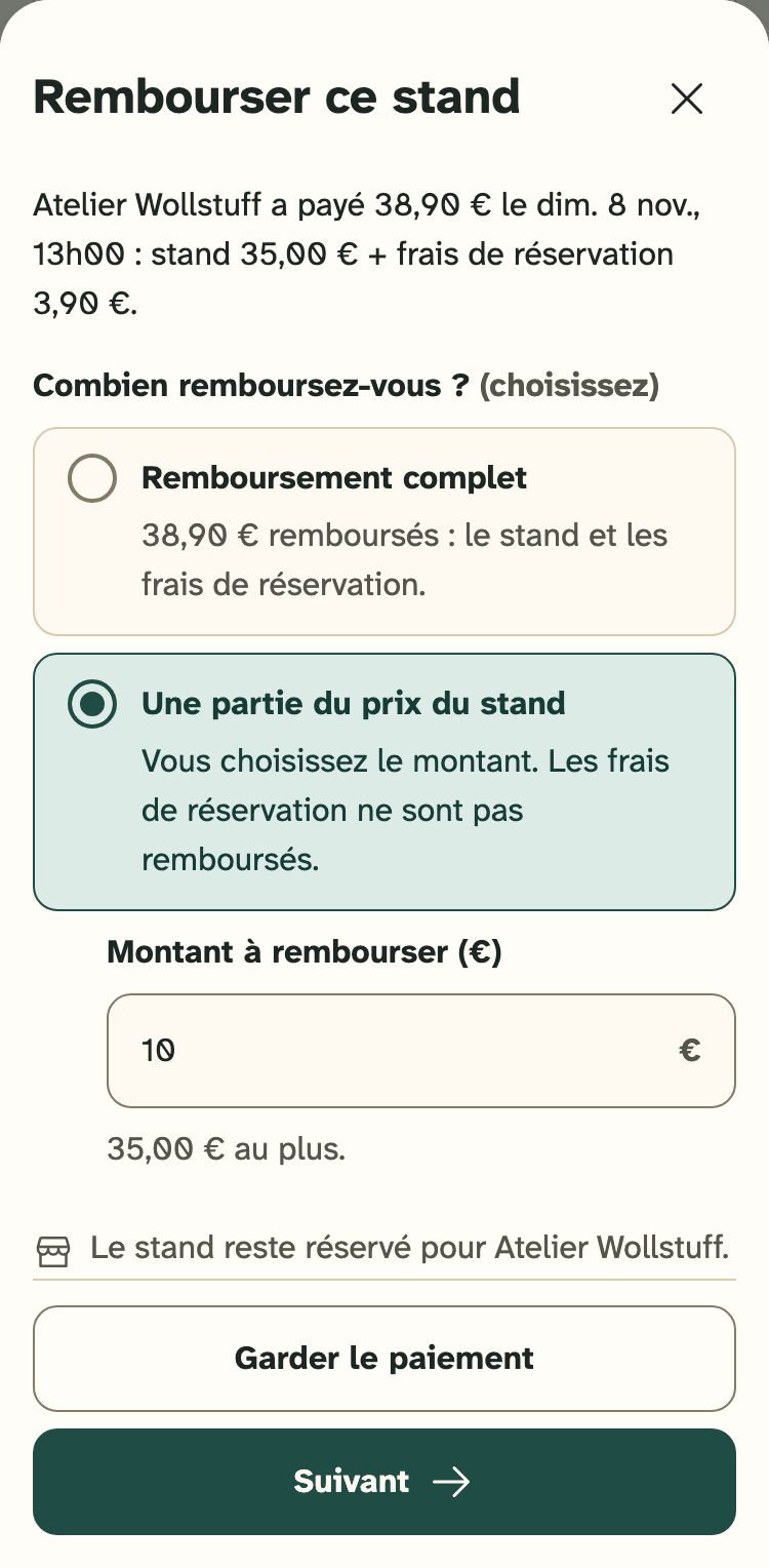 Capture d’écran de l’espace organisateurs sur un téléphone : La fenêtre « Rembourser ce stand », où vous choisissez combien rembourser.