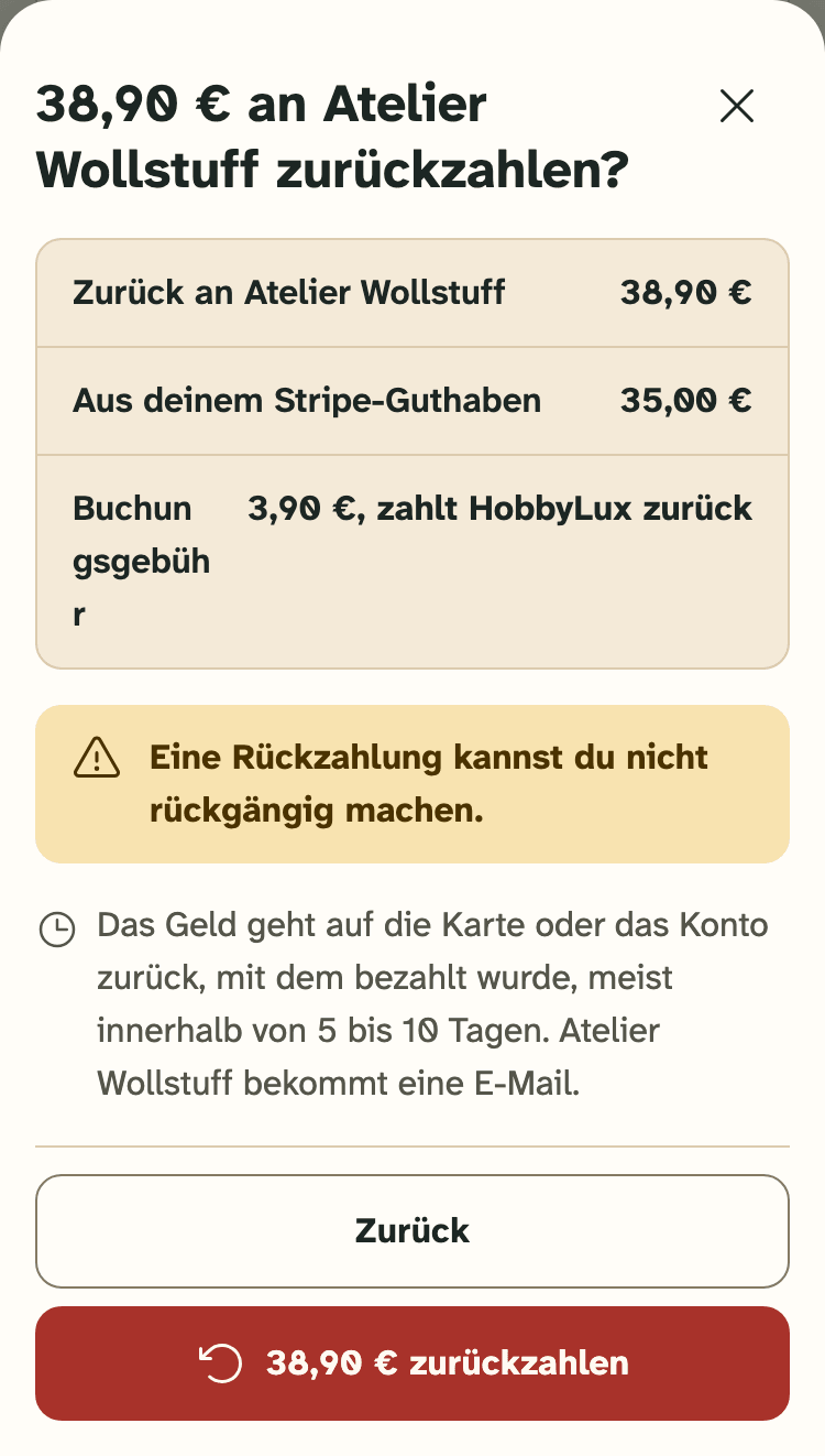 Screenshot des Veranstalter-Portals auf einem Handy: Die letzte Prüfung, bevor die Rückzahlung gesendet wird.
