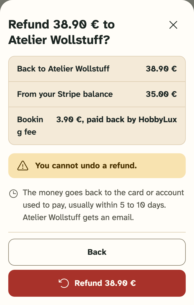 Screenshot of the organiser portal on a phone: The last check before the refund is sent.