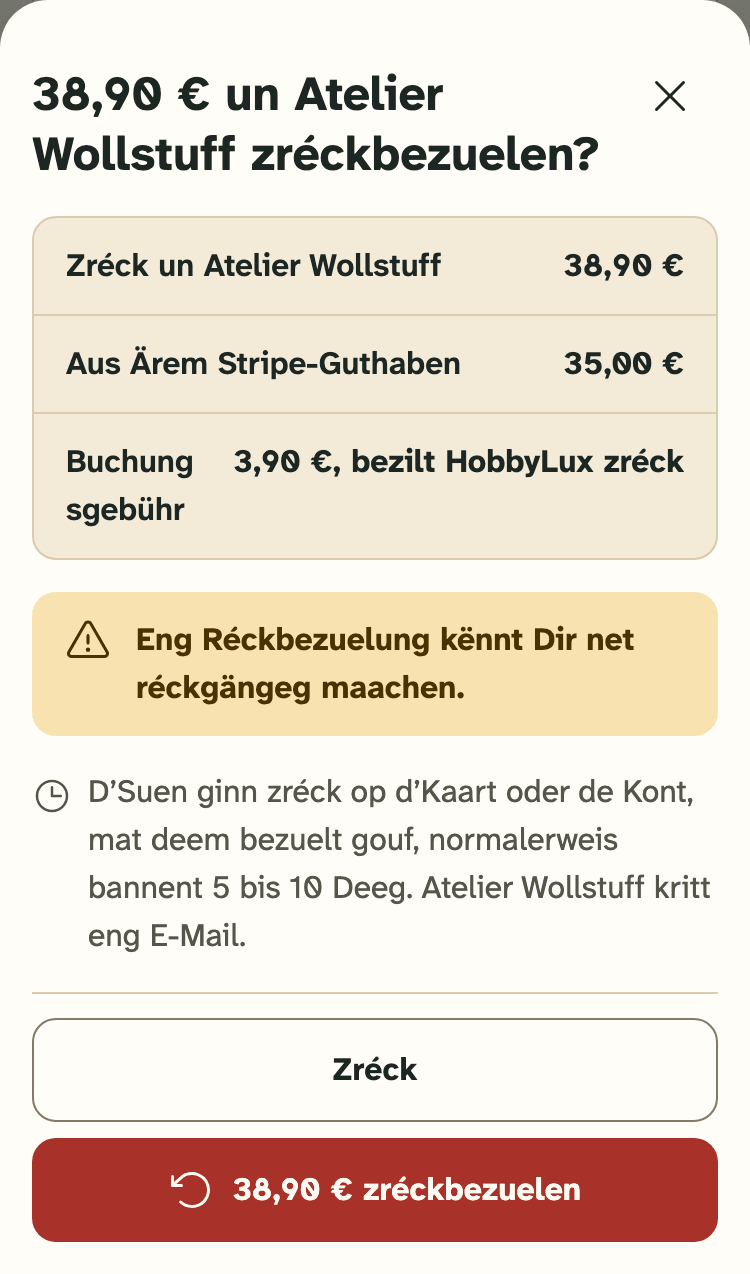 Screenshot vum Organisateuren-Portal op engem Handy: Déi lescht Kontroll, ier d’Réckbezuelung geschéckt gëtt.