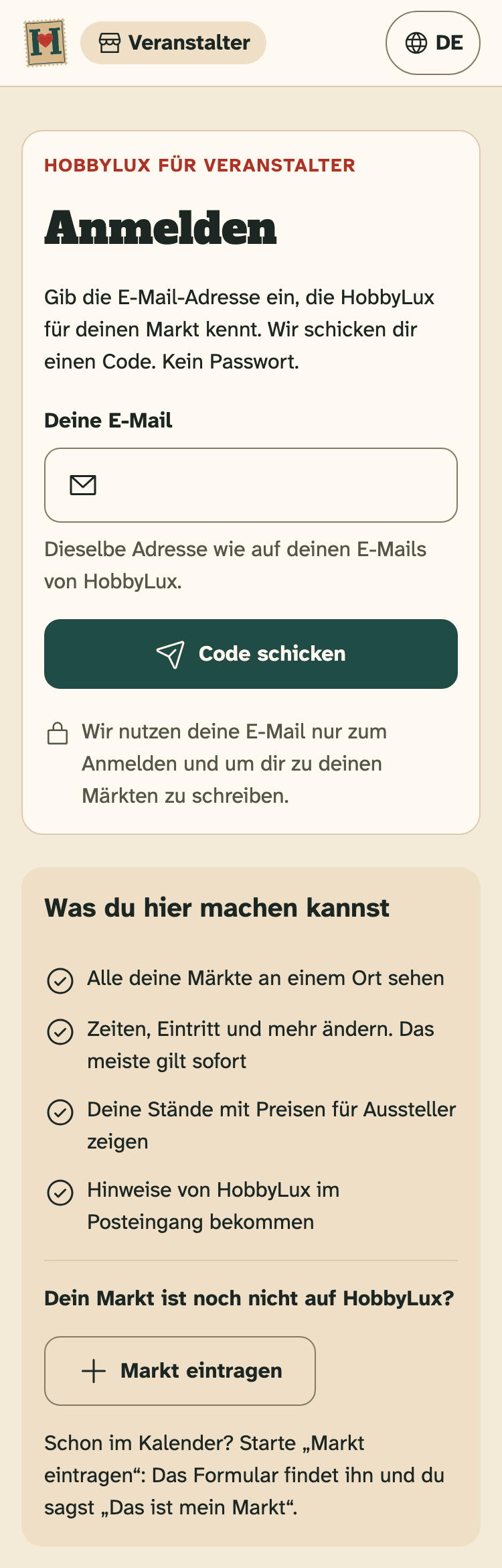 Screenshot des Veranstalter-Portals auf einem Handy: Die Anmeldeseite des Veranstalter-Portals, bevor du einen Code anforderst.