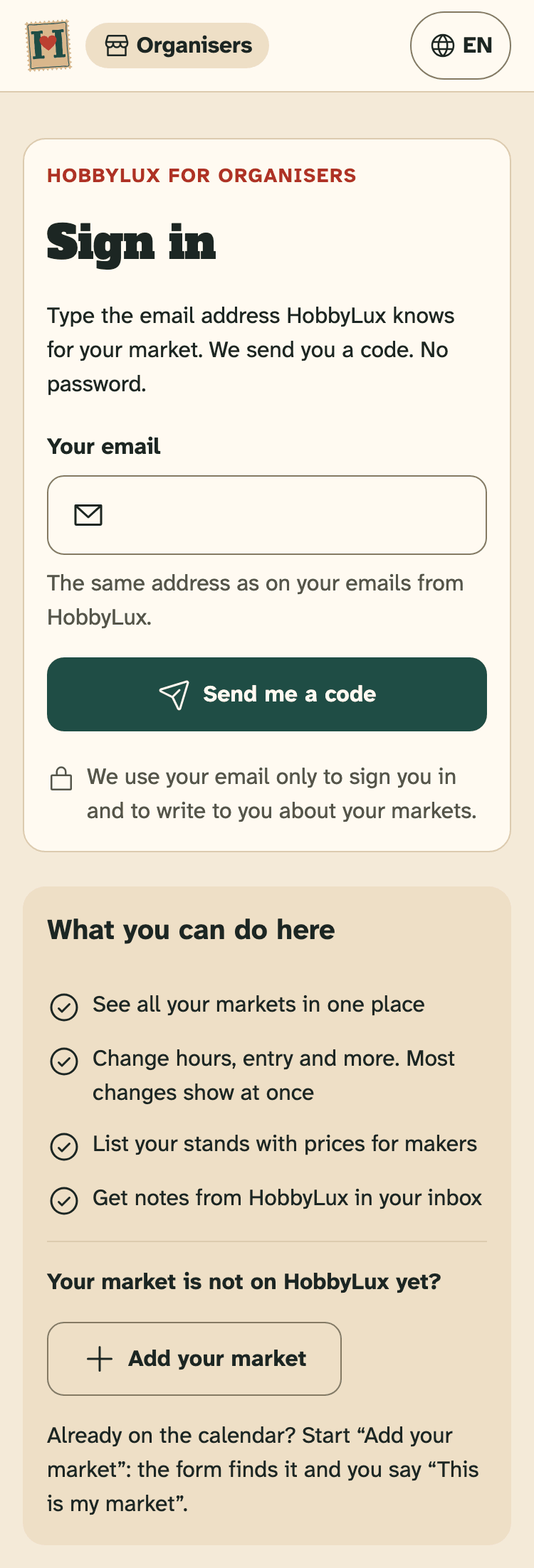 Screenshot of the organiser portal on a phone: The sign-in page of the organiser portal, before you ask for a code.