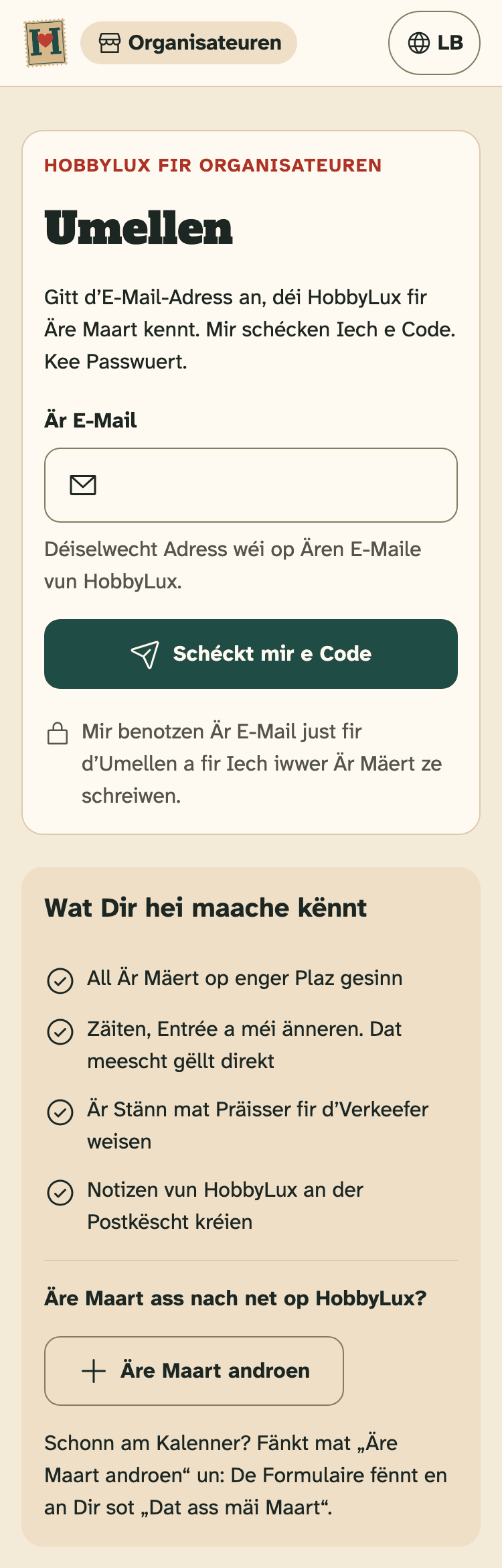 Screenshot vum Organisateuren-Portal op engem Handy: D’Umeldesäit vum Organisateuren-Portal, ier Dir e Code ufrot.