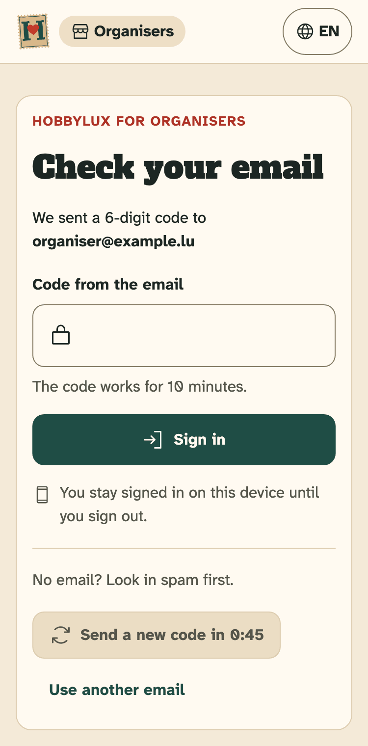 Screenshot of the organiser portal on a phone: The “Check your email” step, where you type the code.