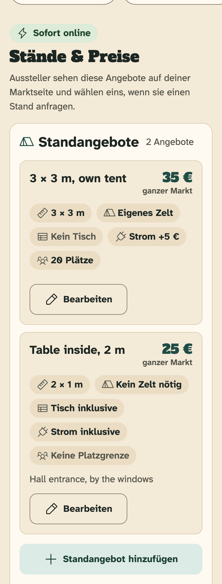 Screenshot des Veranstalter-Portals auf einem Handy: Die Karte „Standangebote“ eines Markts mit zwei Angeboten.
