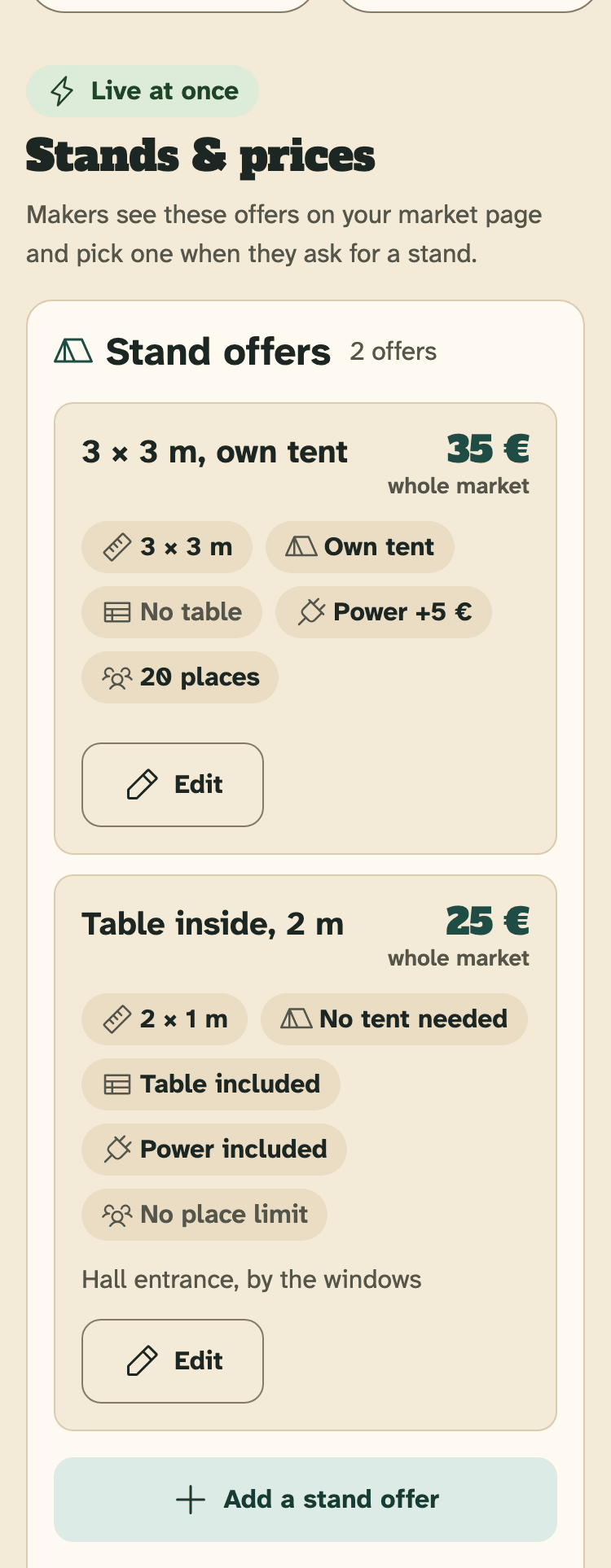 Screenshot of the organiser portal on a phone: The “Stand offers” card of a market with two offers.