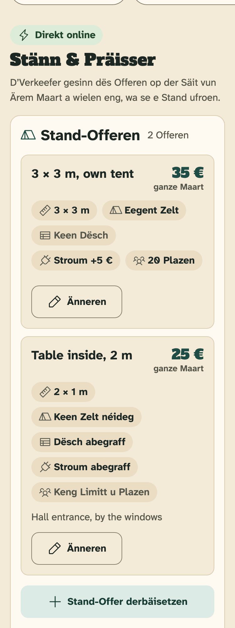 Screenshot vum Organisateuren-Portal op engem Handy: D’Kaart „Stand-Offeren“ vun engem Maart mat zwou Offeren.