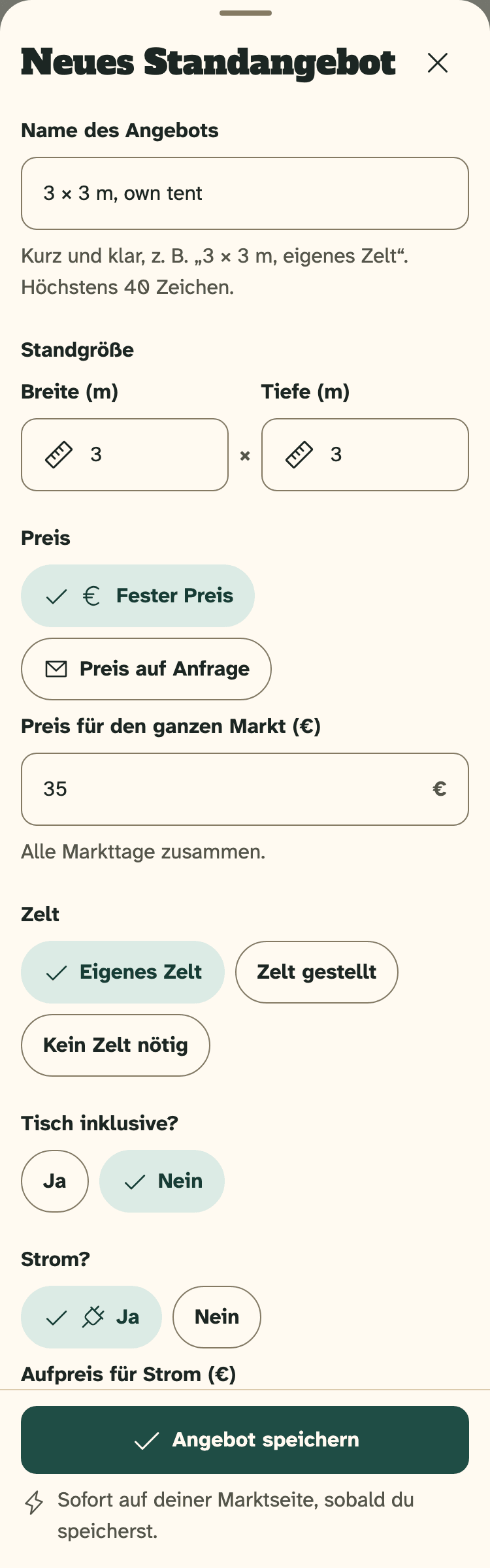 Screenshot des Veranstalter-Portals auf einem Handy: Das Fenster „Neues Standangebot“, ausgefüllt.